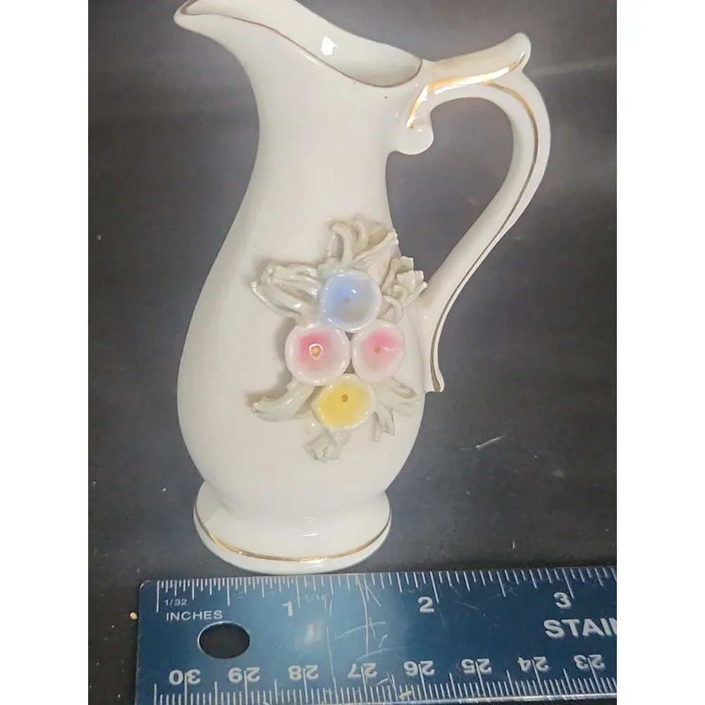 Cream Porcelain Pitcher Vase with Pastel Floral Appliqués and Gold Trim